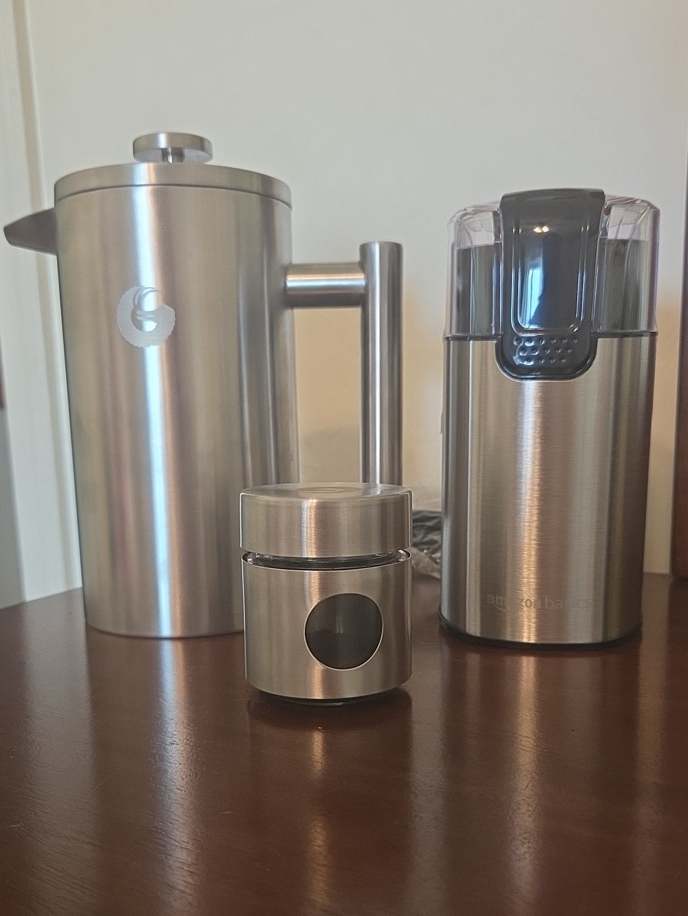 Brushed Silver French Press Set with Grinder & Storage Jar - Silver